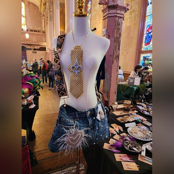 Embellished Denim Crossbody Bag Handcrafted Upcycled Accessory - Picture 4 of 5